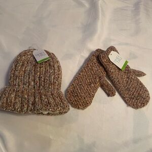 Time and Tru Women’s Lined Warm Knit Hat and Mittens Set - Brown and Tan, NWT